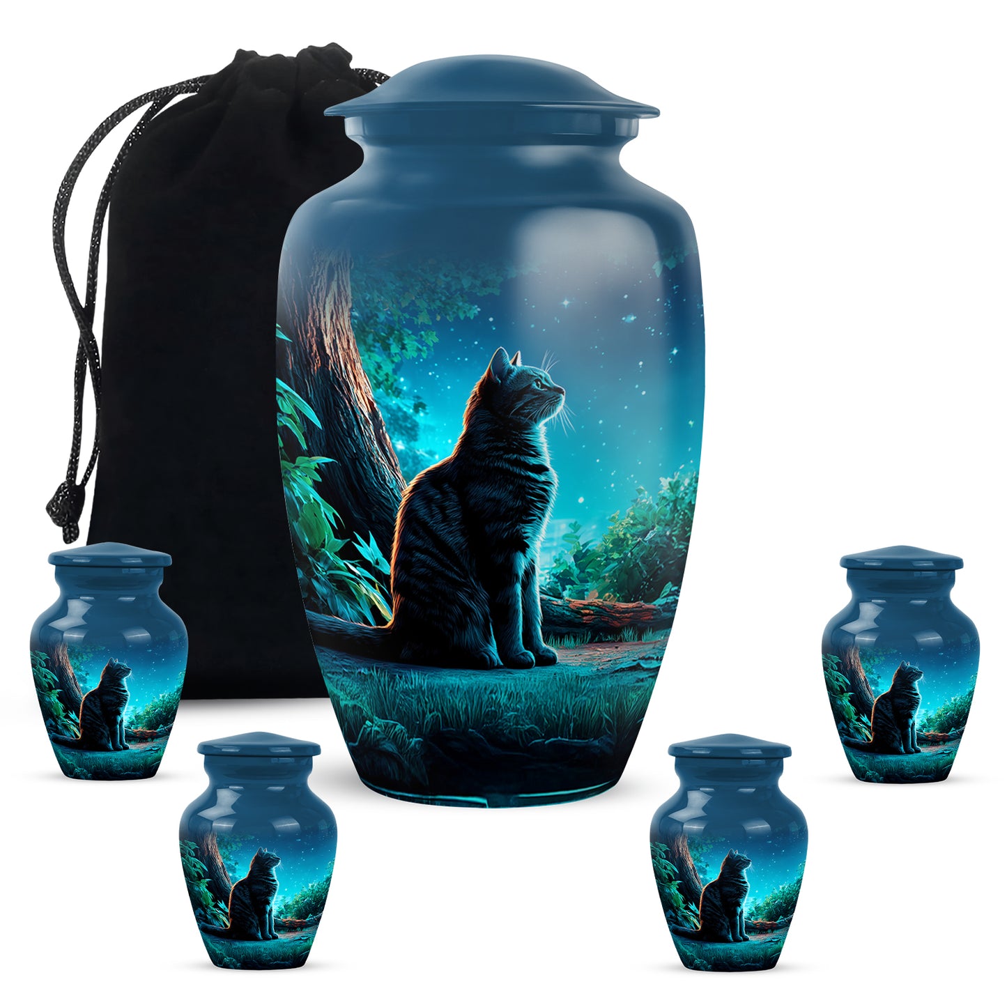 Royal Blue Cat Cremation Urn top-down view of secure threaded lid - traditional cat engraving with hand-polished finish - memorial set with one large and four small urns