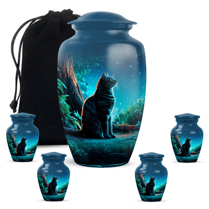 Royal Blue Cat Cremation Urn top-down view of secure threaded lid - traditional cat engraving with hand-polished finish - memorial set with one large and four small urns