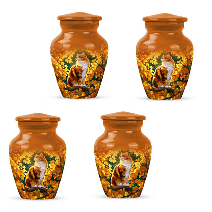 Matte Gold Cat Cremation Urn side profile showing urn shape - traditional cat engraving with hand-polished finish - 10 inch aluminum urn for cremated remains