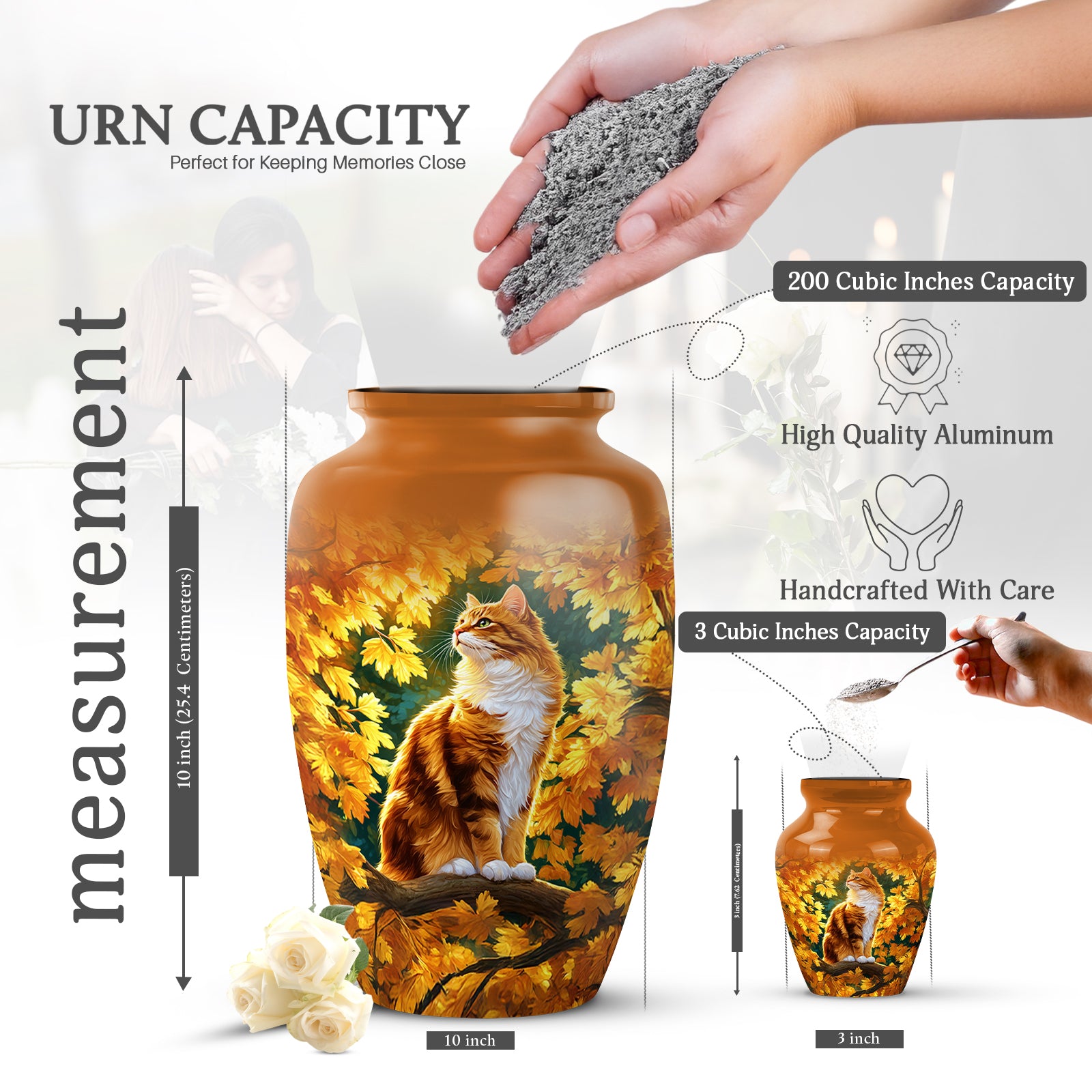 Burnished Gold Cat Cremation Urn close-up of engraving and surface detail - traditional cat engraving with hand-polished finish - mini keepsake memorial for portion of cremation ashes