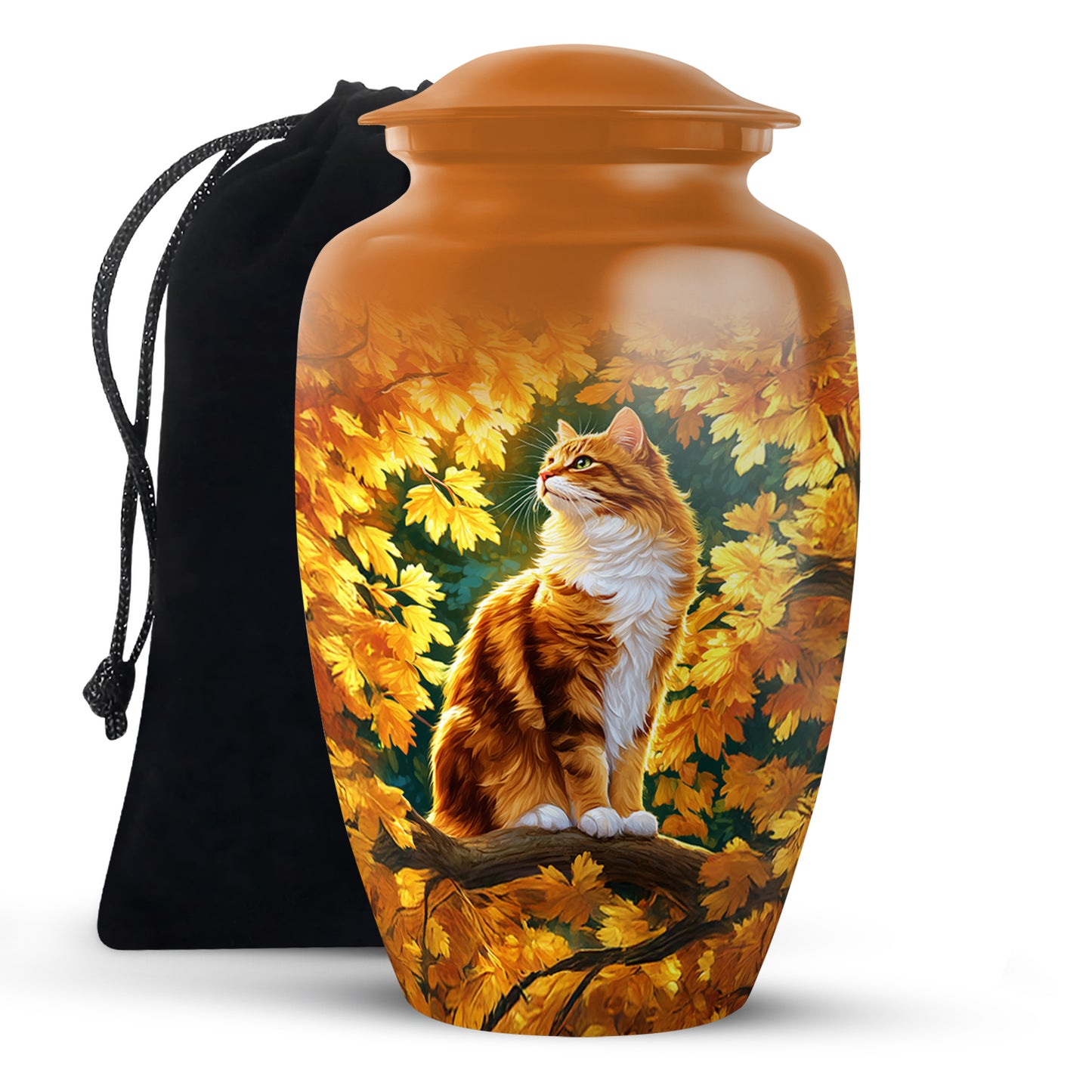 Harvest Gold Cat Cremation Urn angled view of lid and engraved motif - elegant classic cat relief with fine detailing - full-size 10 inch 200 cubic inch adult cremation urn