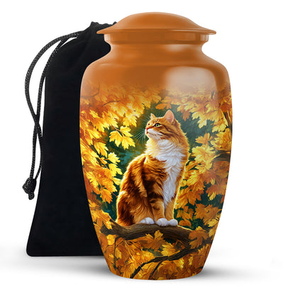 Harvest Gold Cat Cremation Urn angled view of lid and engraved motif - elegant classic cat relief with fine detailing - full-size 10 inch 200 cubic inch adult cremation urn