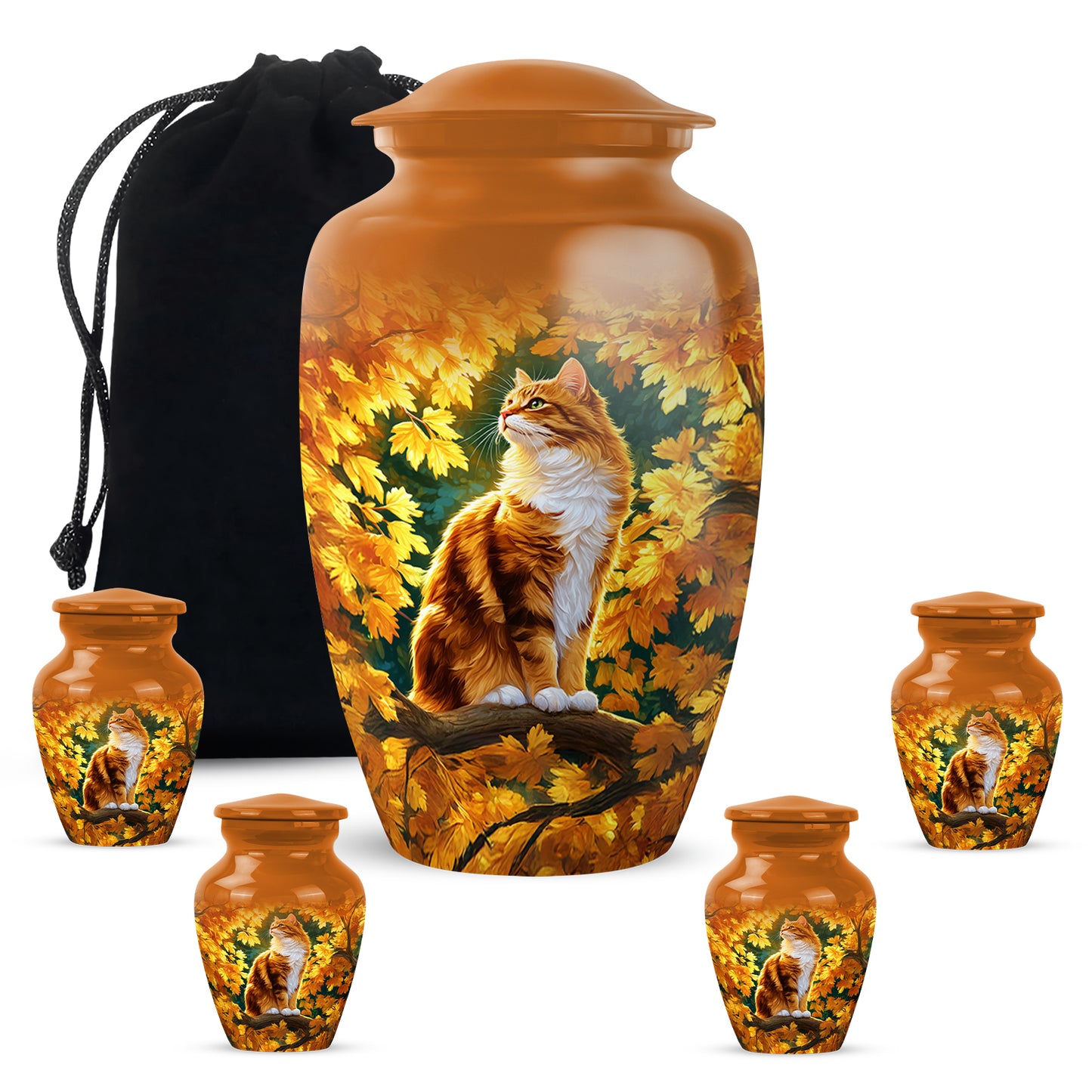 Sunrise Gold Cat Cremation Urn top-down view of secure threaded lid - timeless cat motif etched into premium metal - memorial set with one large and four small urns