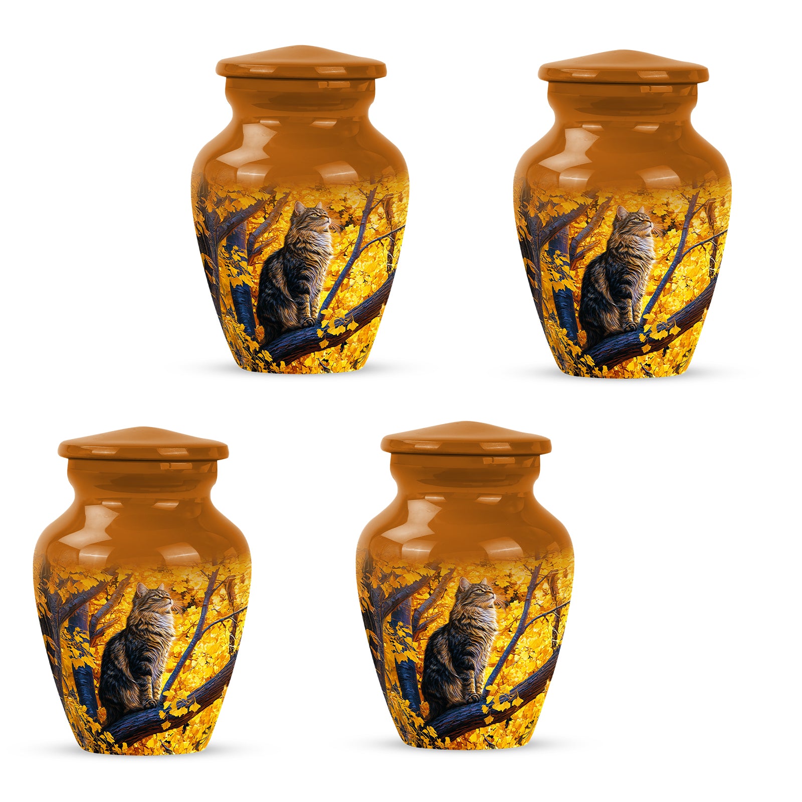 Champagne Gold Cat Cremation Urn side profile showing urn shape - timeless cat motif etched into premium metal - 10 inch aluminum urn for cremated remains
