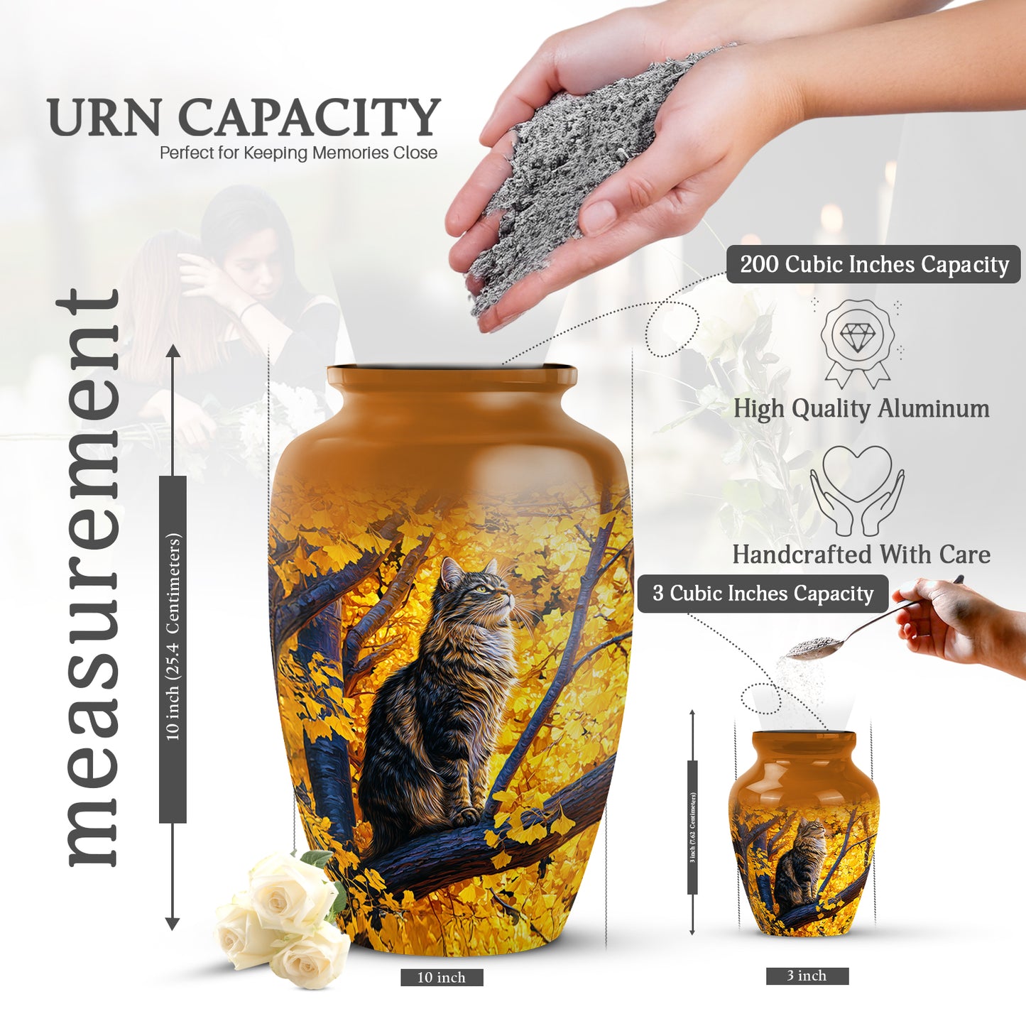 Royal Gold Cat Cremation Urn close-up of engraving and surface detail - elegant classic cat relief with fine detailing - mini keepsake memorial for portion of cremation ashes
