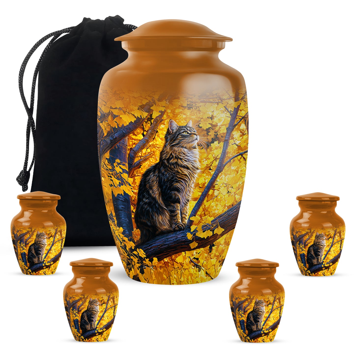 Amber Gold Cat Cremation Urn top-down view of secure threaded lid - timeless cat motif etched into premium metal - memorial set with one large and four small urns