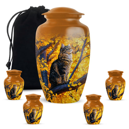 Amber Gold Cat Cremation Urn top-down view of secure threaded lid - timeless cat motif etched into premium metal - memorial set with one large and four small urns