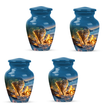 Soft Blue Cat Cremation Urn side profile showing urn shape - traditional cat engraving with hand-polished finish - 10 inch aluminum urn for cremated remains