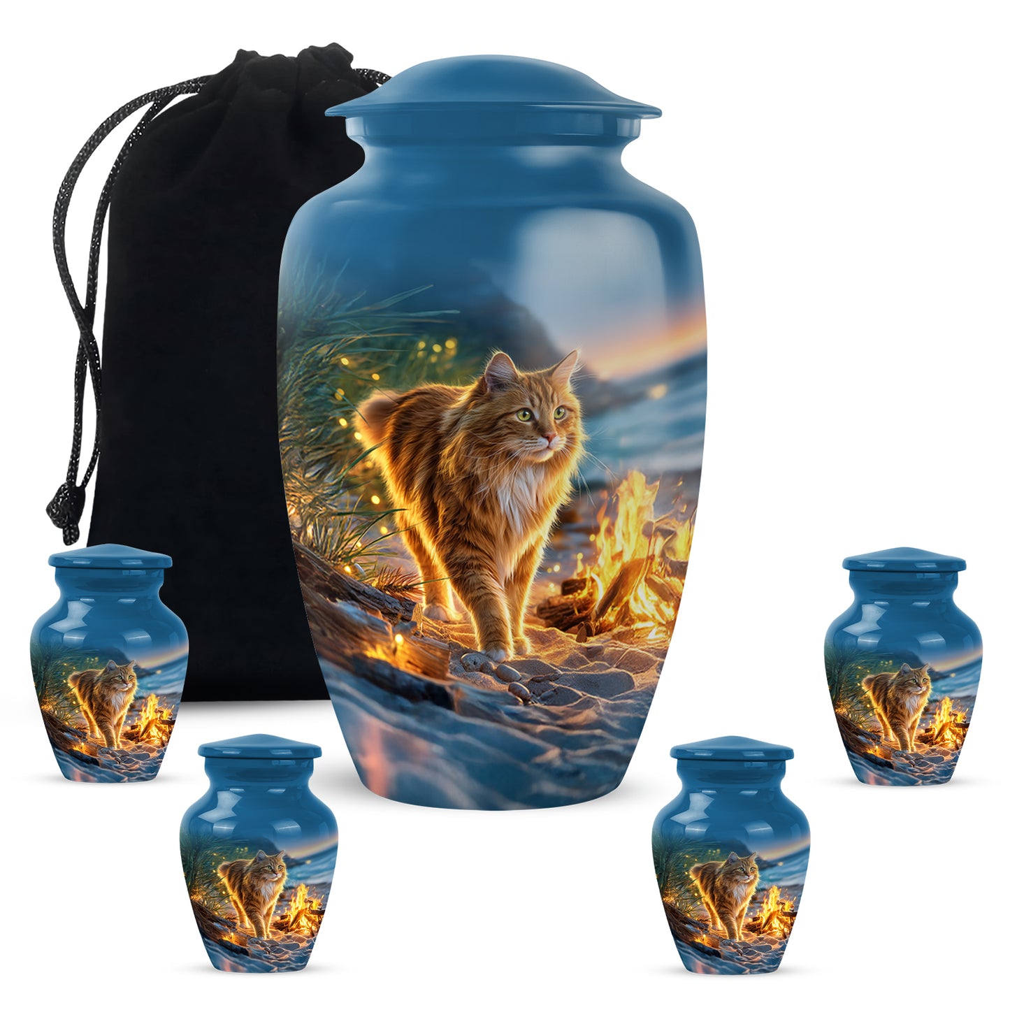 Cornflower Blue Cat Cremation Urn top-down view of secure threaded lid - elegant classic cat relief with fine detailing - memorial set with one large and four small urns