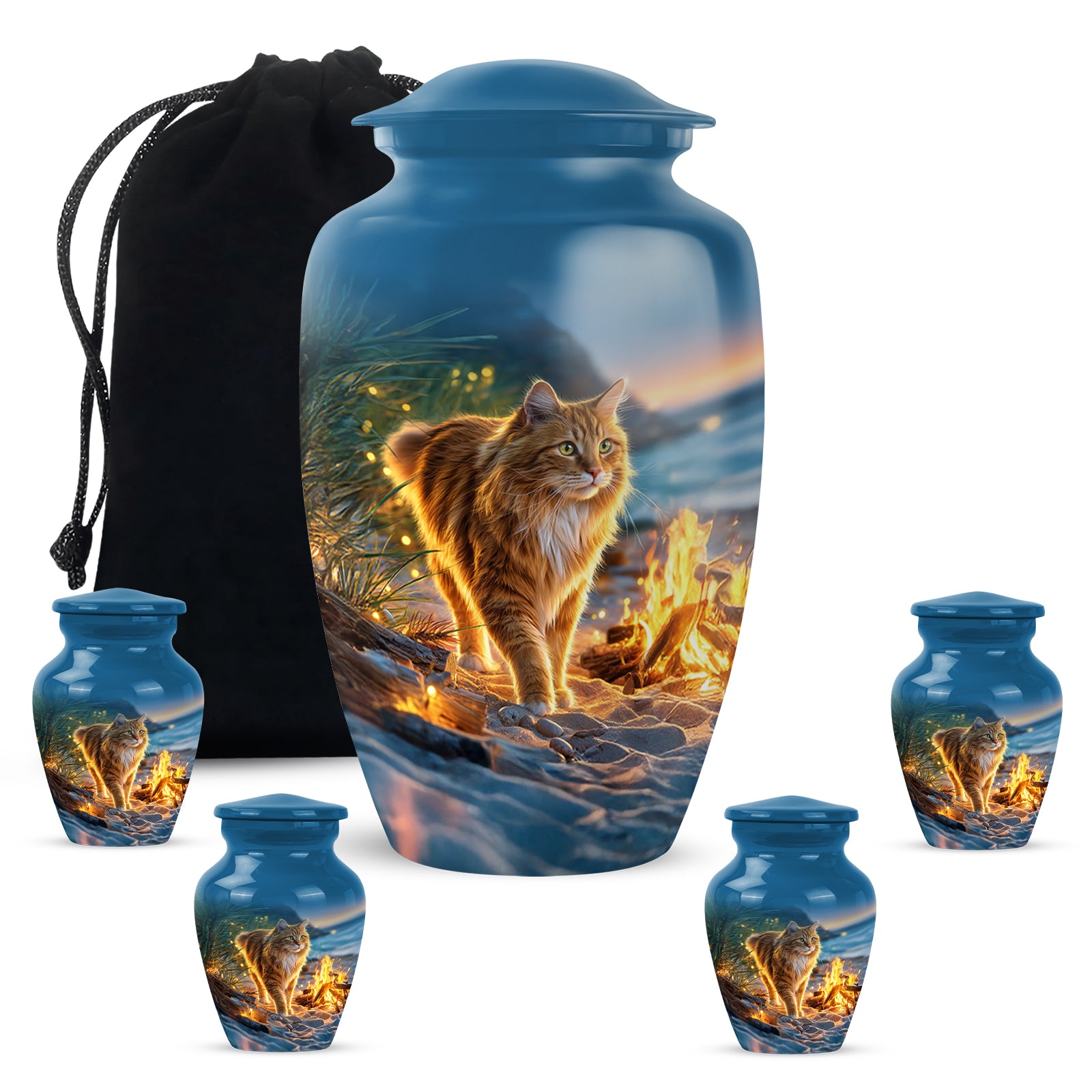 Cornflower Blue Cat Cremation Urn top-down view of secure threaded lid - elegant classic cat relief with fine detailing - memorial set with one large and four small urns