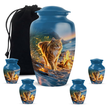 Cornflower Blue Cat Cremation Urn top-down view of secure threaded lid - elegant classic cat relief with fine detailing - memorial set with one large and four small urns