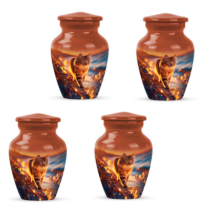 Deep Red Cat Cremation Urn side profile showing urn shape - timeless cat motif etched into premium metal - 10 inch aluminum urn for cremated remains