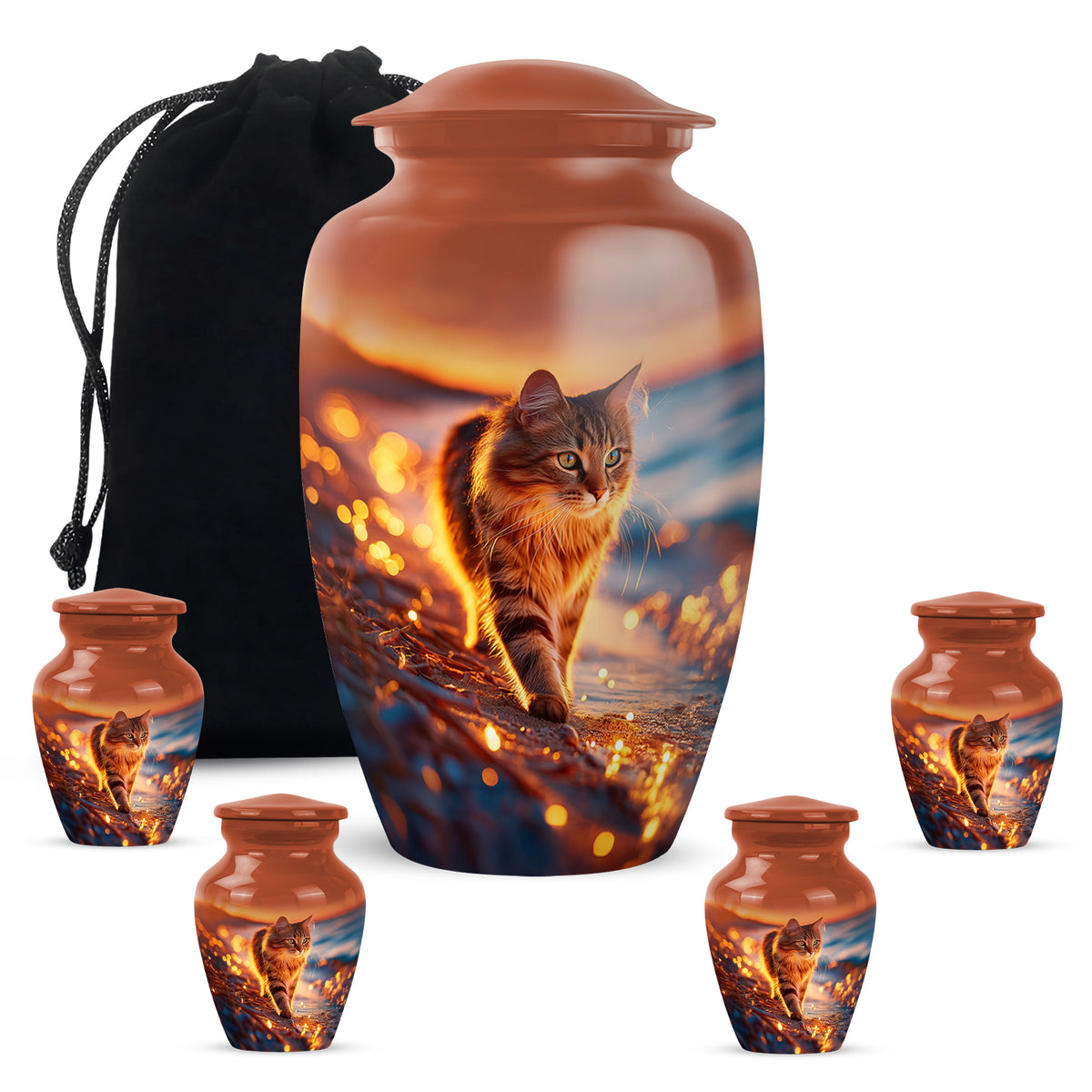Ruby Red Cat Cremation Urn top-down view of secure threaded lid - traditional cat engraving with hand-polished finish - memorial set with one large and four small urns