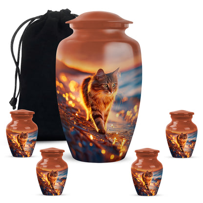 Ruby Red Cat Cremation Urn top-down view of secure threaded lid - traditional cat engraving with hand-polished finish - memorial set with one large and four small urns