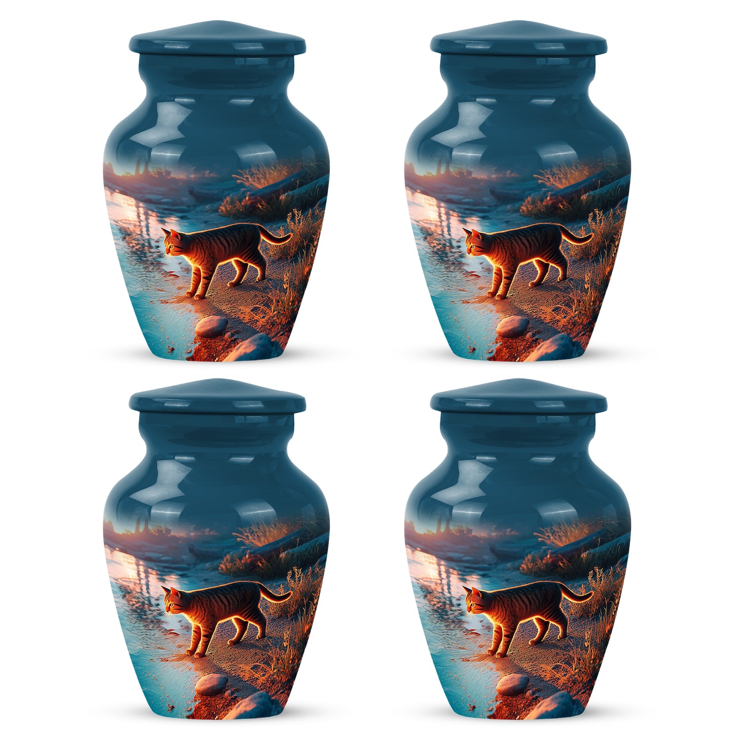 Twilight Blue Cat Cremation Urn side profile showing urn shape - traditional cat engraving with hand-polished finish - 10 inch aluminum urn for cremated remains