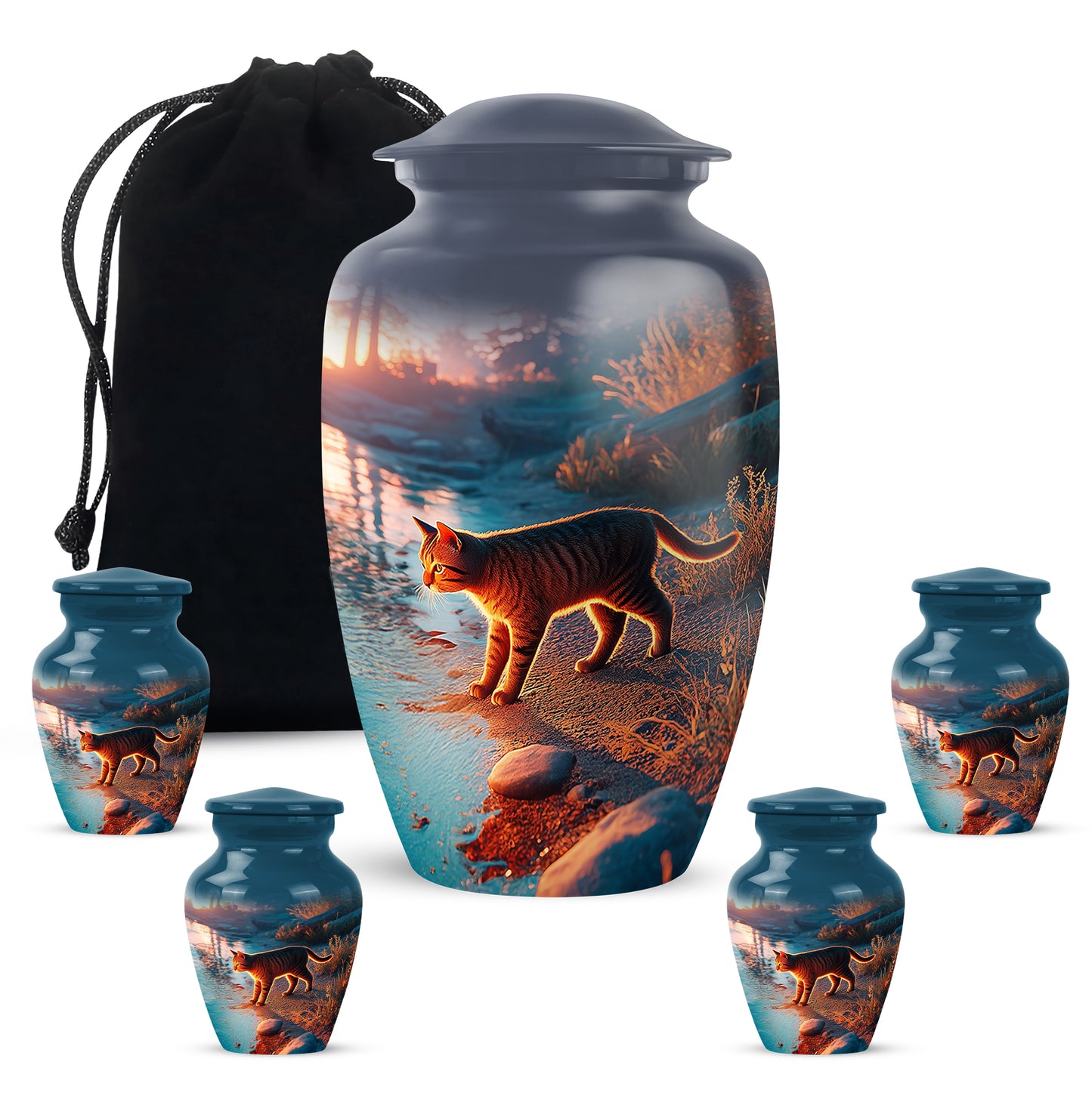 Calming Blue Cat Cremation Urn top-down view of secure threaded lid - elegant classic cat relief with fine detailing - memorial set with one large and four small urns