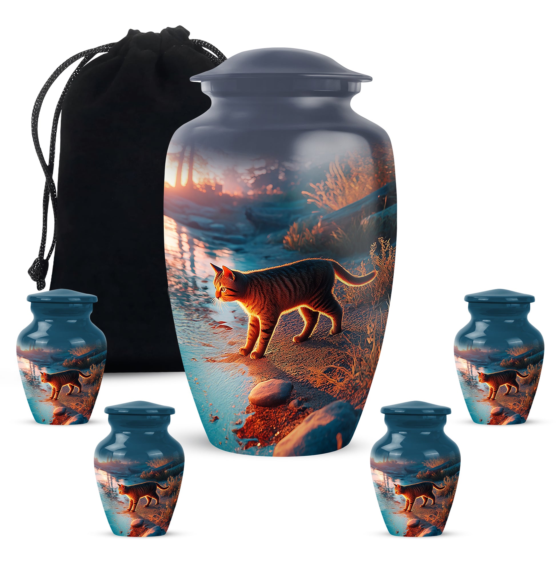 Calming Blue Cat Cremation Urn top-down view of secure threaded lid - elegant classic cat relief with fine detailing - memorial set with one large and four small urns