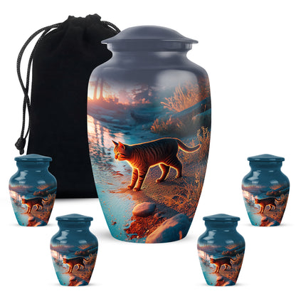Calming Blue Cat Cremation Urn top-down view of secure threaded lid - elegant classic cat relief with fine detailing - memorial set with one large and four small urns