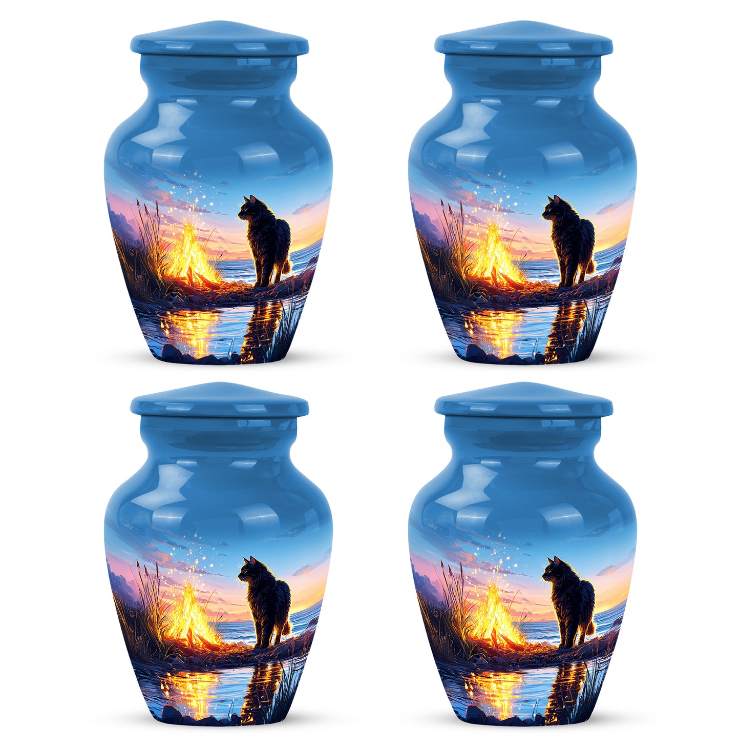 Azure Cat Cremation Urn side profile showing urn shape - timeless cat motif etched into premium metal - 10 inch aluminum urn for cremated remains
