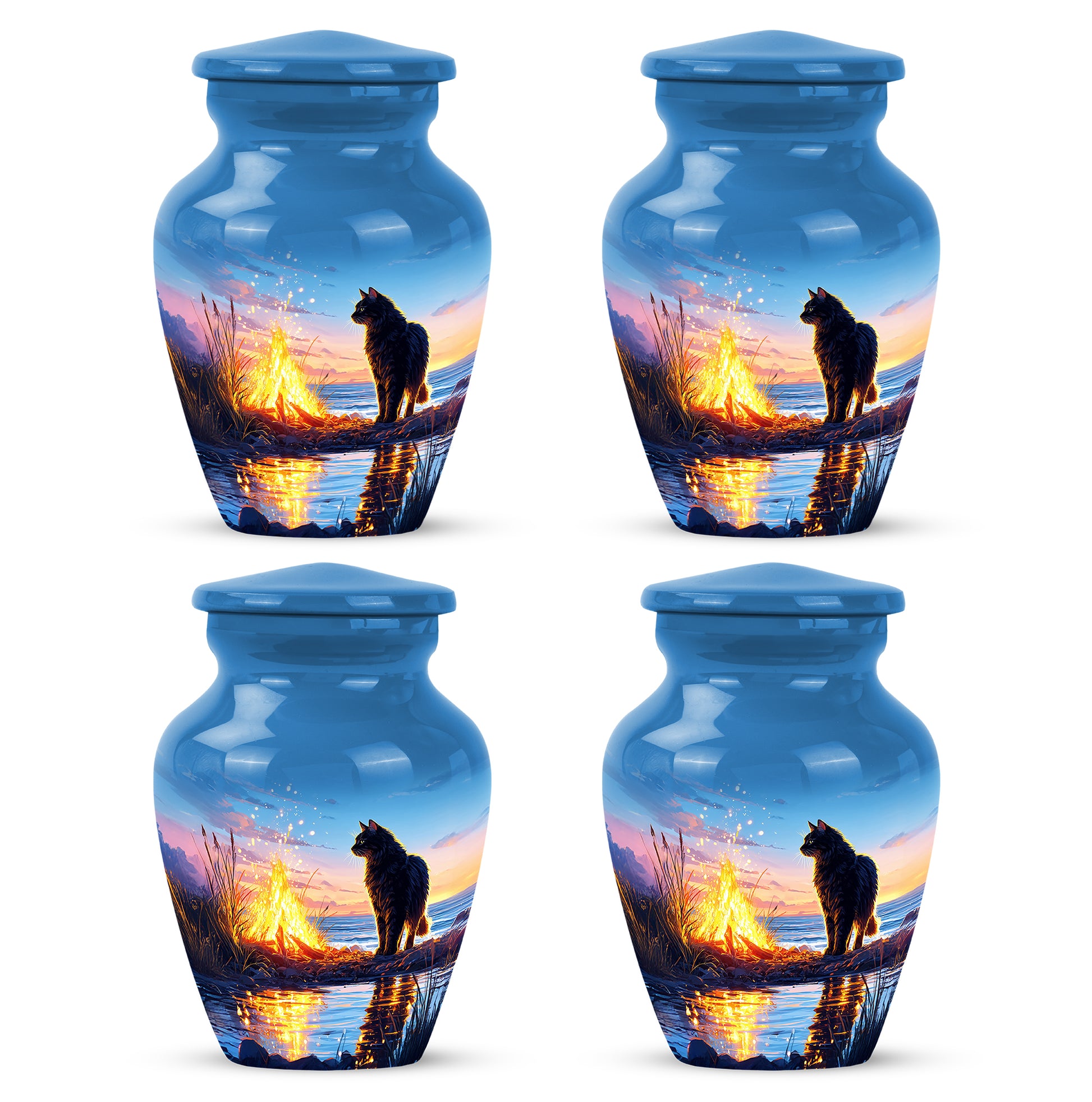 Azure Cat Cremation Urn side profile showing urn shape - timeless cat motif etched into premium metal - 10 inch aluminum urn for cremated remains