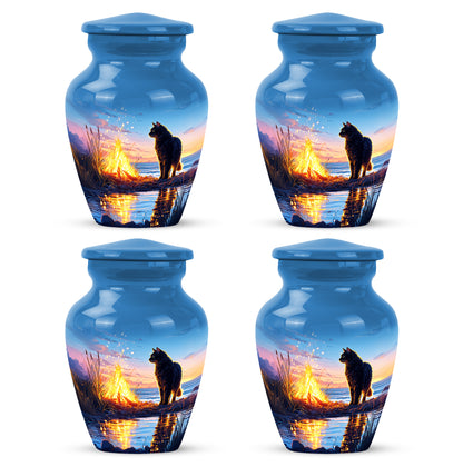 Azure Cat Cremation Urn side profile showing urn shape - timeless cat motif etched into premium metal - 10 inch aluminum urn for cremated remains