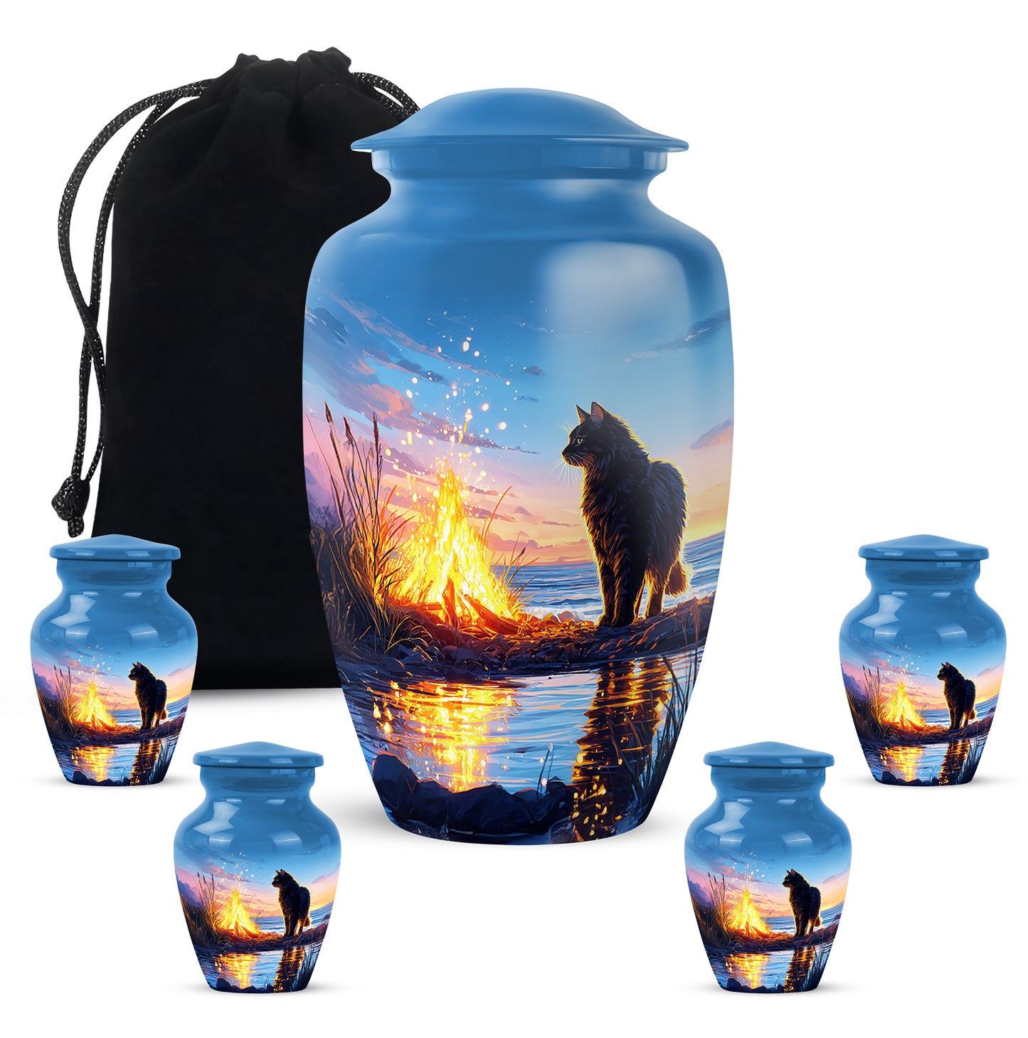 Bright Blue Cat Cremation Urn top-down view of secure threaded lid - traditional cat engraving with hand-polished finish - memorial set with one large and four small urns