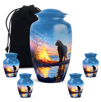 Bright Blue Cat Cremation Urn top-down view of secure threaded lid - traditional cat engraving with hand-polished finish - memorial set with one large and four small urns