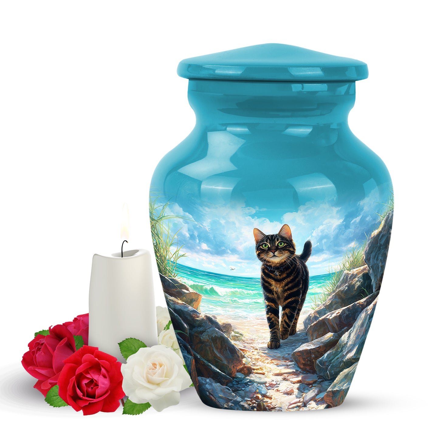 Radiant Cat Memorial Cremation Urns - Teal 10-inch, 200 cu in - Yatskia