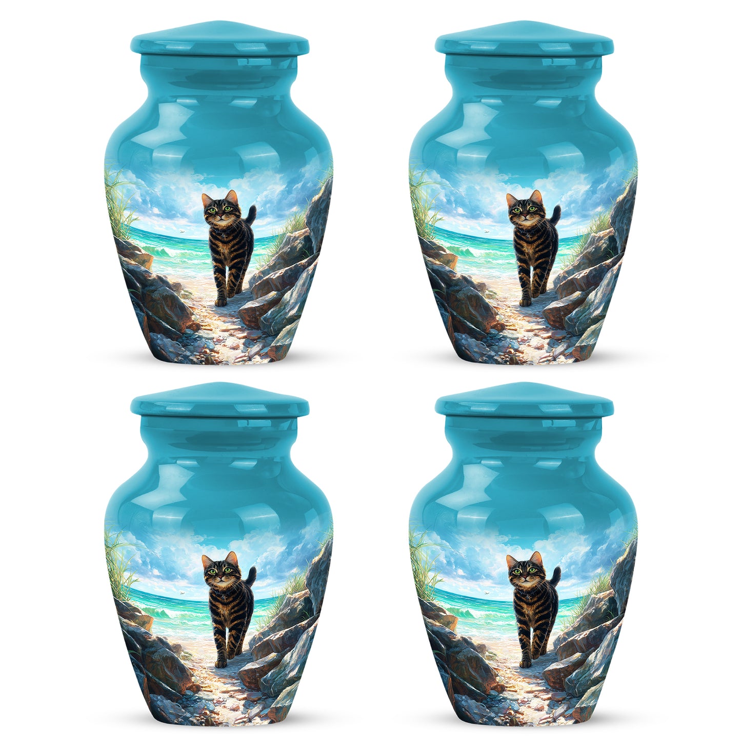 Tropical Teal Cat Cremation Urn side profile showing urn shape - traditional cat engraving with hand-polished finish - 10 inch aluminum urn for cremated remains