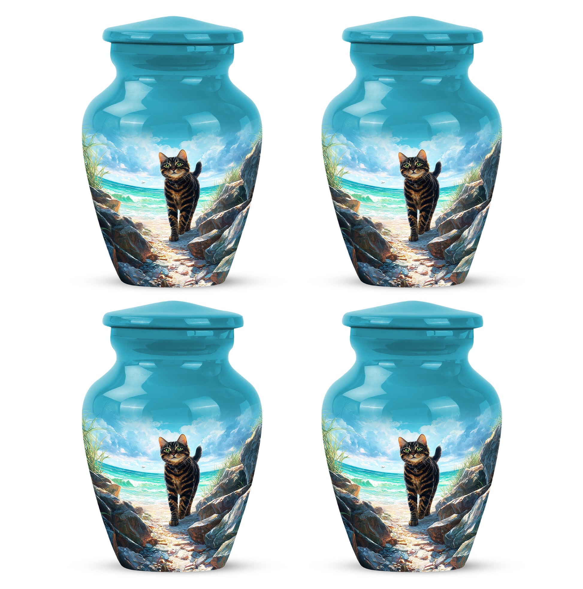 Tropical Teal Cat Cremation Urn side profile showing urn shape - traditional cat engraving with hand-polished finish - 10 inch aluminum urn for cremated remains