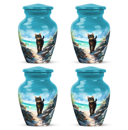 Tropical Teal Cat Cremation Urn side profile showing urn shape - traditional cat engraving with hand-polished finish - 10 inch aluminum urn for cremated remains
