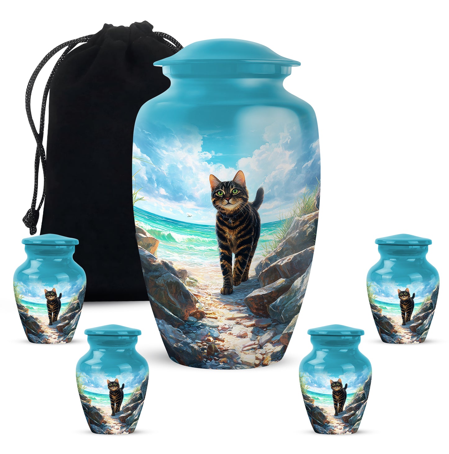 Soft Teal Cat Cremation Urn top-down view of secure threaded lid - timeless cat motif etched into premium metal - memorial set with one large and four small urns