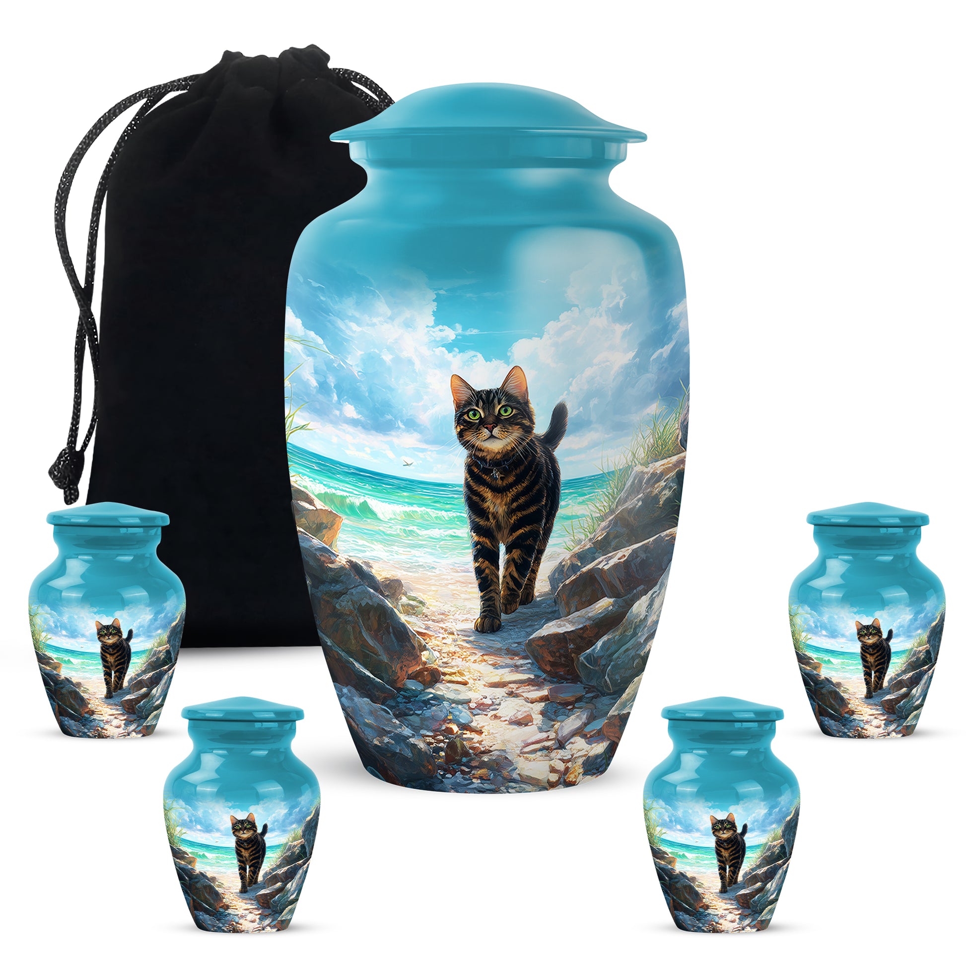 Soft Teal Cat Cremation Urn top-down view of secure threaded lid - timeless cat motif etched into premium metal - memorial set with one large and four small urns