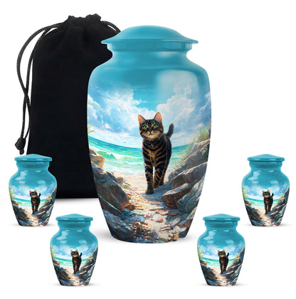 Soft Teal Cat Cremation Urn top-down view of secure threaded lid - timeless cat motif etched into premium metal - memorial set with one large and four small urns
