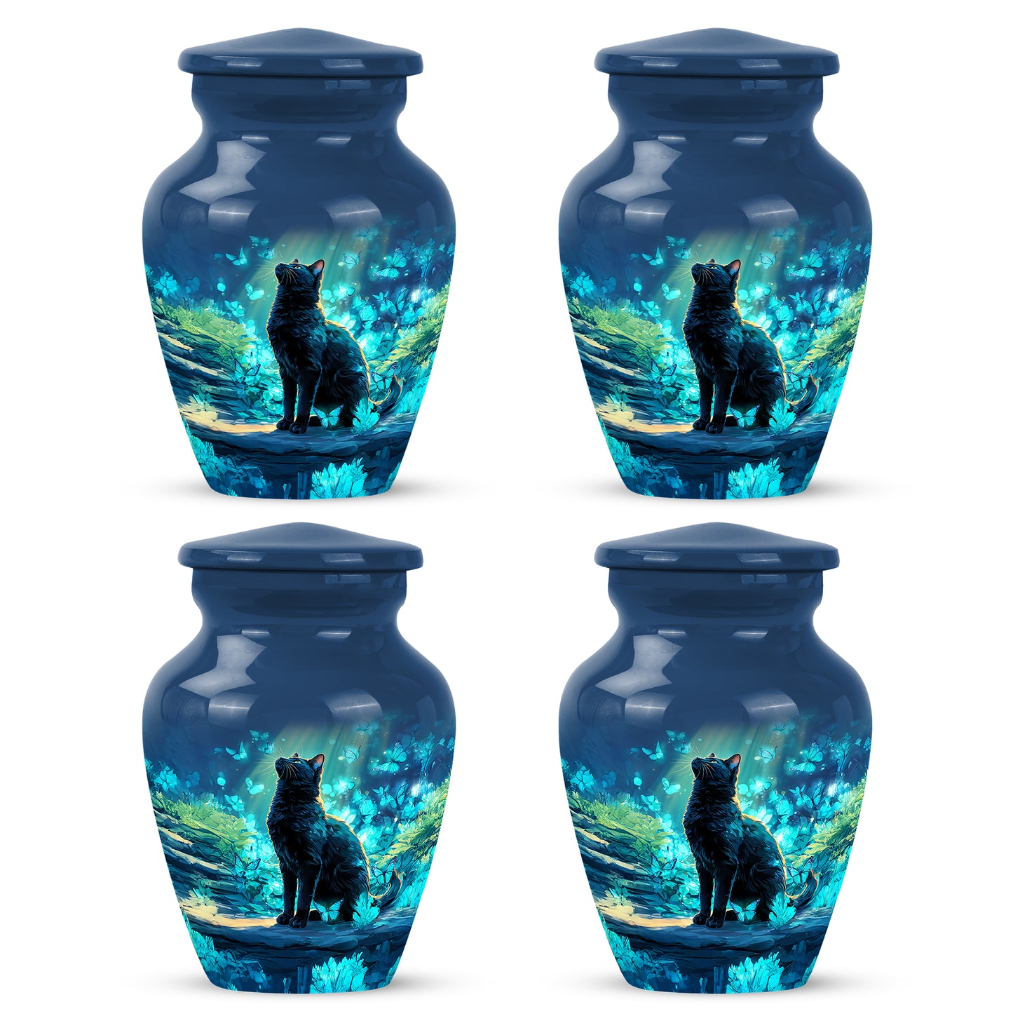 Celestial Blue Cat Cremation Urn side profile showing urn shape - timeless cat motif etched into premium metal - 10 inch aluminum urn for cremated remains