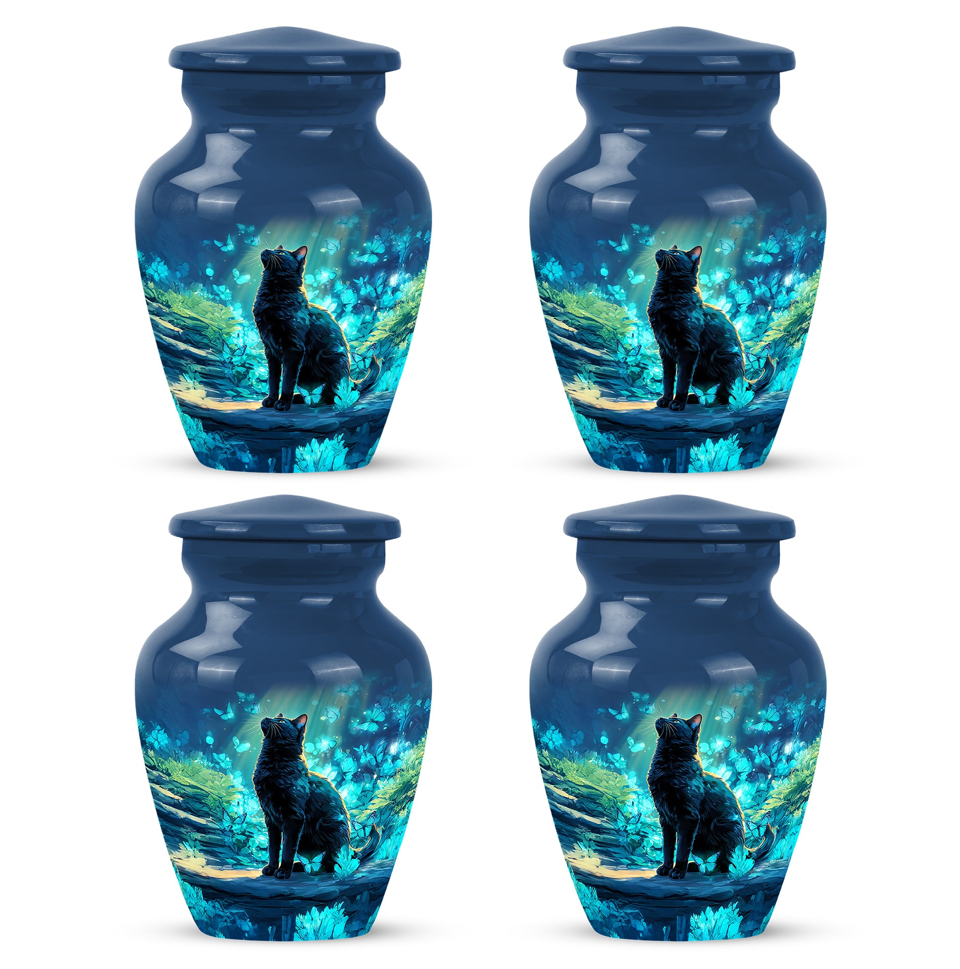 Celestial Blue Cat Cremation Urn side profile showing urn shape - timeless cat motif etched into premium metal - 10 inch aluminum urn for cremated remains