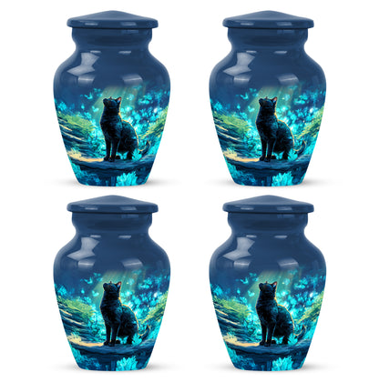 Celestial Blue Cat Cremation Urn side profile showing urn shape - timeless cat motif etched into premium metal - 10 inch aluminum urn for cremated remains