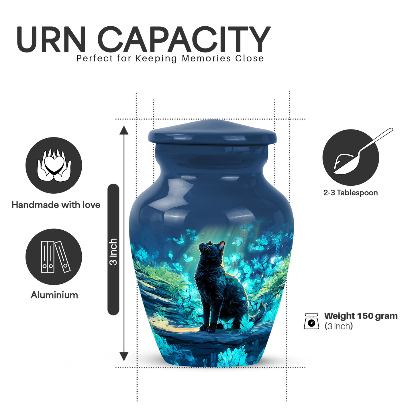 Calming Blue Cat Cremation Urn close-up of engraving and surface detail - traditional cat engraving with hand-polished finish - mini keepsake memorial for portion of cremation ashes
