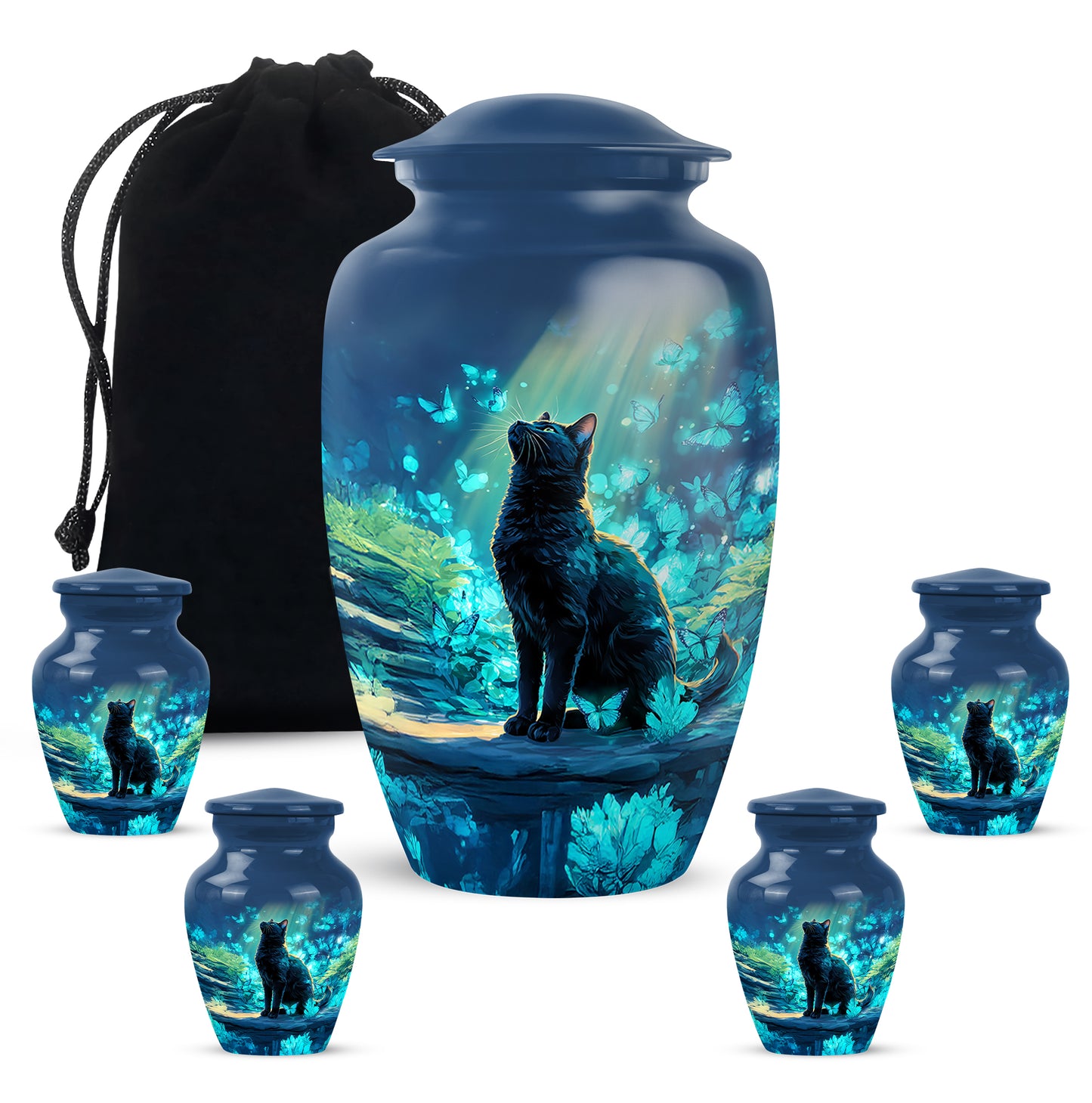 Sapphire Blue Cat Cremation Urn top-down view of secure threaded lid - traditional cat engraving with hand-polished finish - memorial set with one large and four small urns