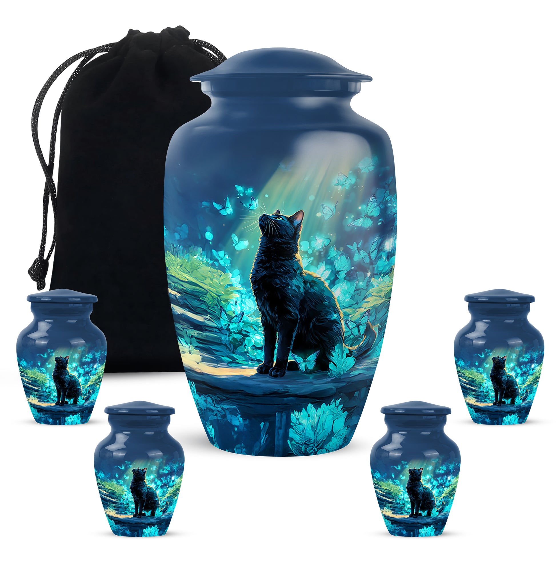 Sapphire Blue Cat Cremation Urn top-down view of secure threaded lid - traditional cat engraving with hand-polished finish - memorial set with one large and four small urns