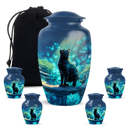 Sapphire Blue Cat Cremation Urn top-down view of secure threaded lid - traditional cat engraving with hand-polished finish - memorial set with one large and four small urns