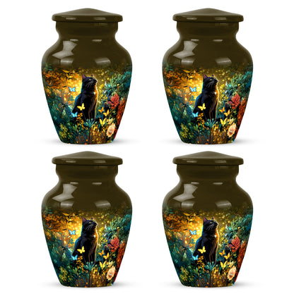 Antique Gold Cat Cremation Urn side profile showing urn shape - classic sculpted cat pattern on smooth aluminum - 10 inch aluminum urn for cremated remains