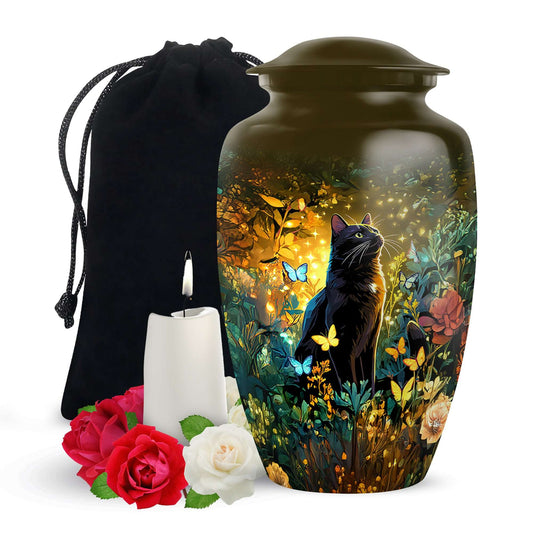 Black Cat Cremation Urn for Human Ashes - Colorful Butterflies Memorial Urn