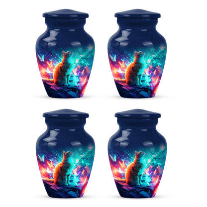 Azure Cat Cremation Urn side profile showing urn shape - classic sculpted cat pattern on smooth aluminum - 10 inch aluminum urn for cremated remains