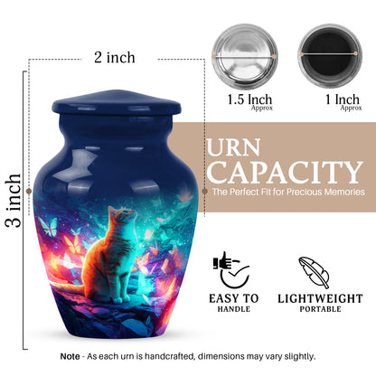 Vivid Blue Cat Cremation Urn close-up of engraving and surface detail - traditional cat engraving with hand-polished finish - mini keepsake memorial for portion of cremation ashes