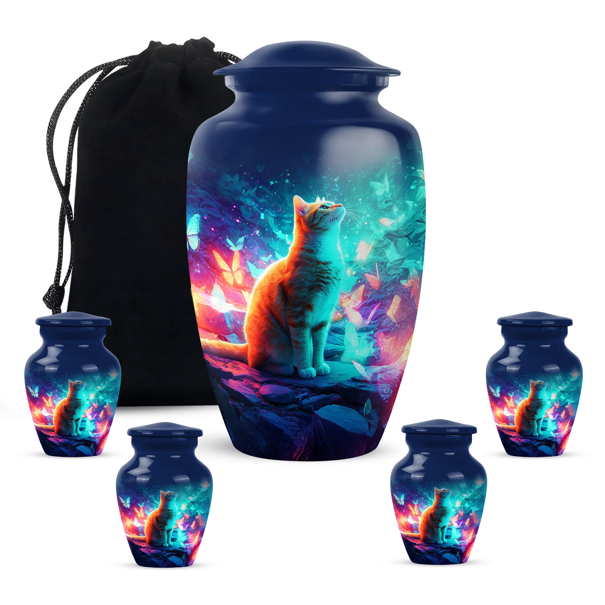 Cornflower Blue Cat Cremation Urn top-down view of secure threaded lid - traditional cat engraving with hand-polished finish - memorial set with one large and four small urns