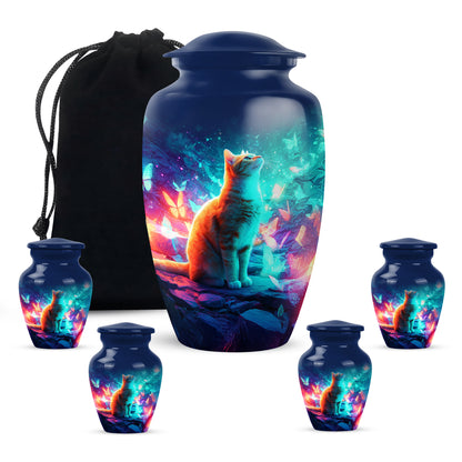 Cornflower Blue Cat Cremation Urn top-down view of secure threaded lid - traditional cat engraving with hand-polished finish - memorial set with one large and four small urns