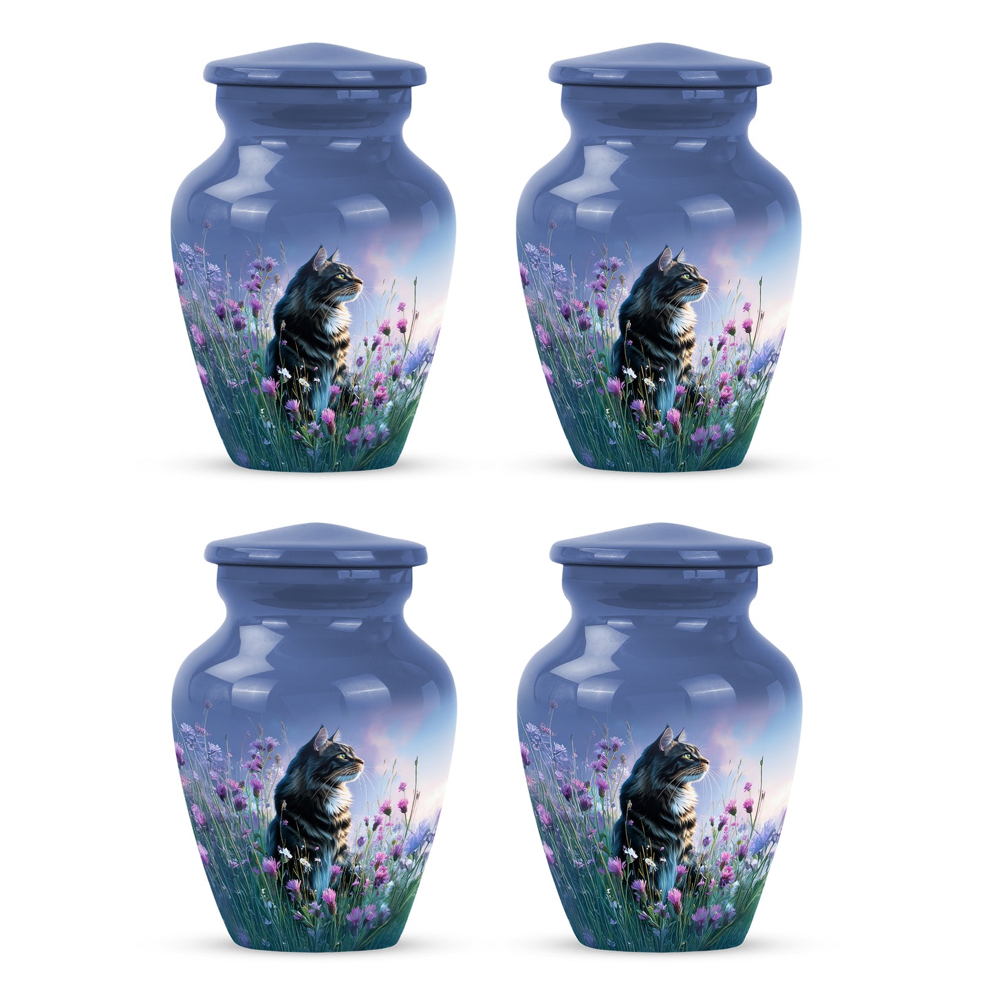 Cornflower Blue Cat Cremation Urn side profile showing urn shape - elegant classic cat relief with fine detailing - 10 inch aluminum urn for cremated remains