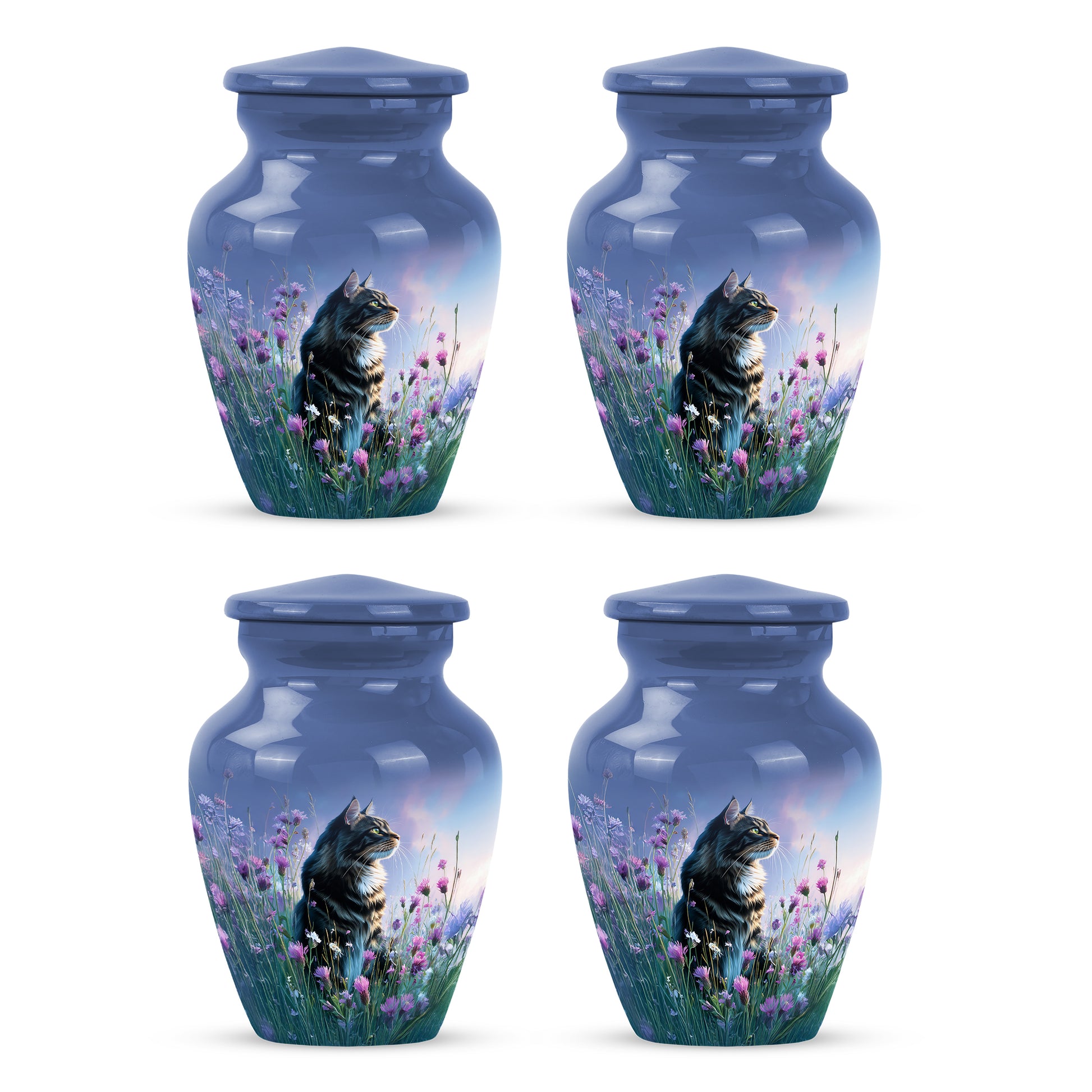 Cornflower Blue Cat Cremation Urn side profile showing urn shape - elegant classic cat relief with fine detailing - 10 inch aluminum urn for cremated remains