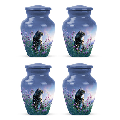 Cornflower Blue Cat Cremation Urn side profile showing urn shape - elegant classic cat relief with fine detailing - 10 inch aluminum urn for cremated remains